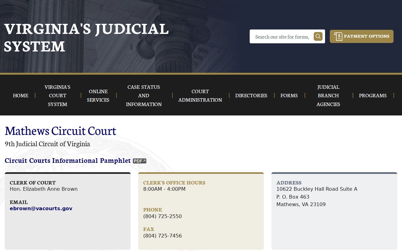 Mathews County municipal warrant fallback through the official Circuit Court contact page