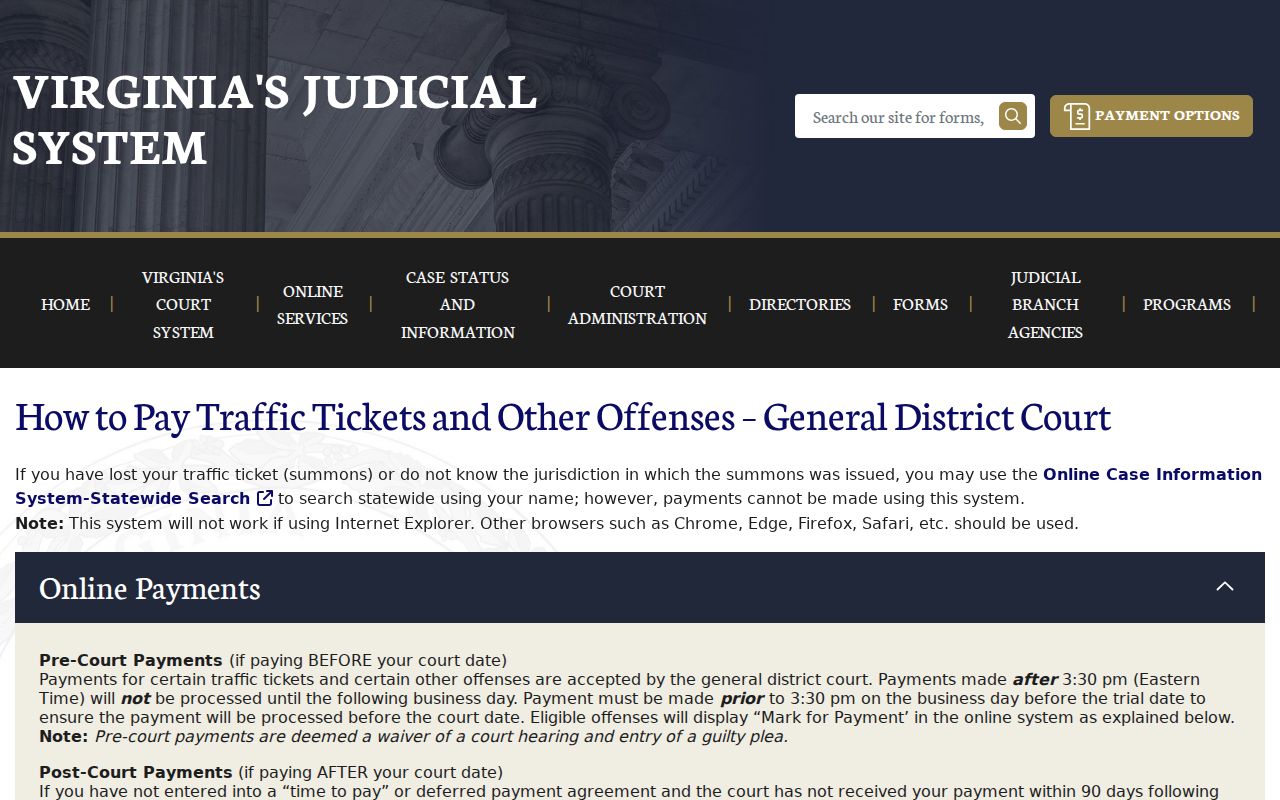 Mathews County traffic warrant case search and payment controls in the Virginia court system