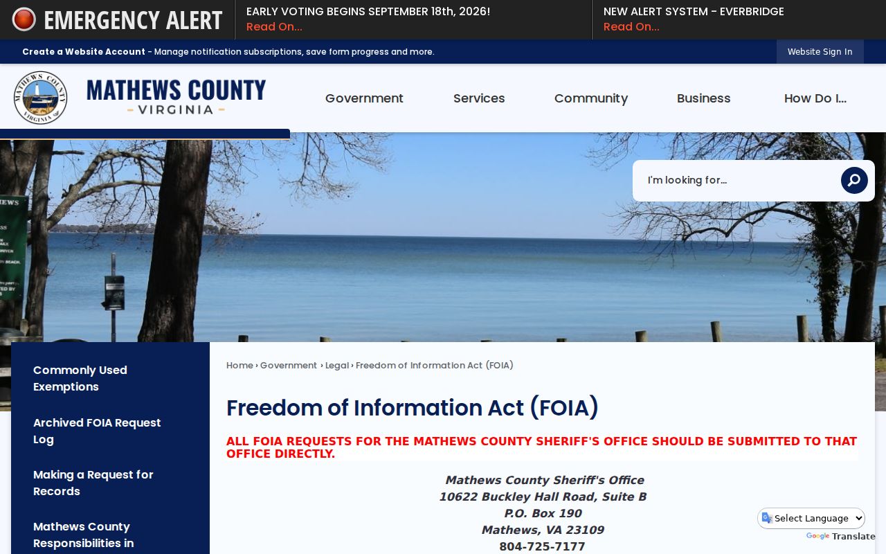 Mathews County warrant record access instructions on the official FOIA page