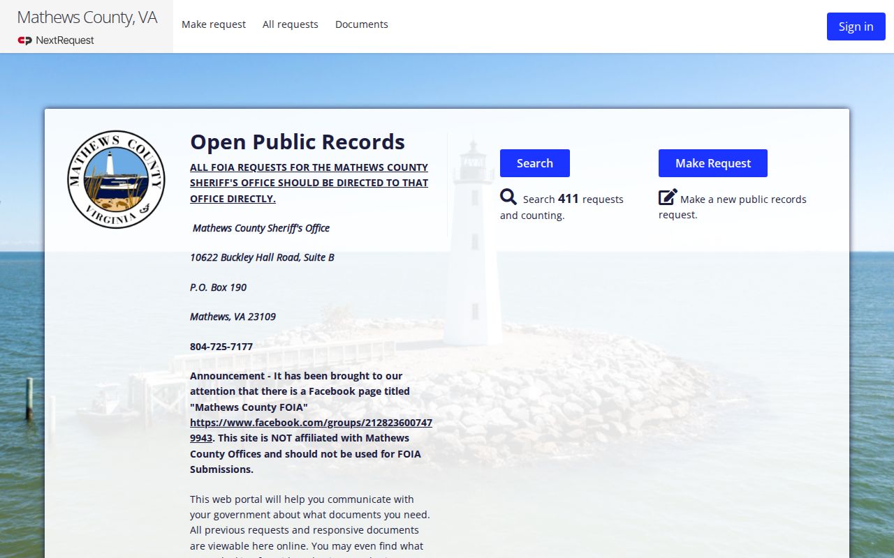 Mathews County warrant records request portal landing page