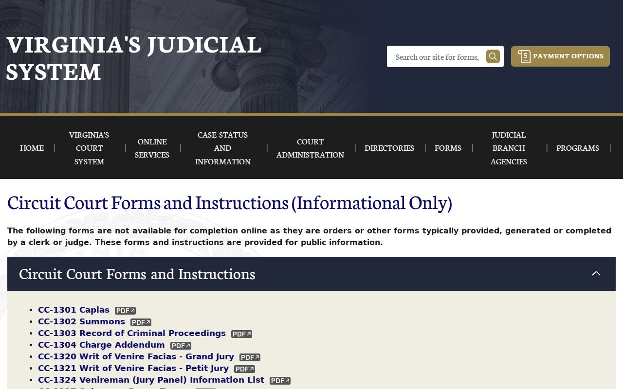 Mathews County arrest warrant related forms on the Circuit Court forms index