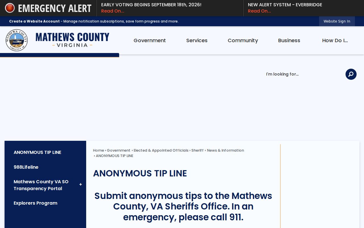 Mathews County TIP411 law enforcement tip route