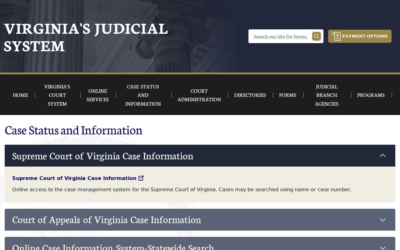 Mathews County warrant search starting point at the Virginia court case-information hub